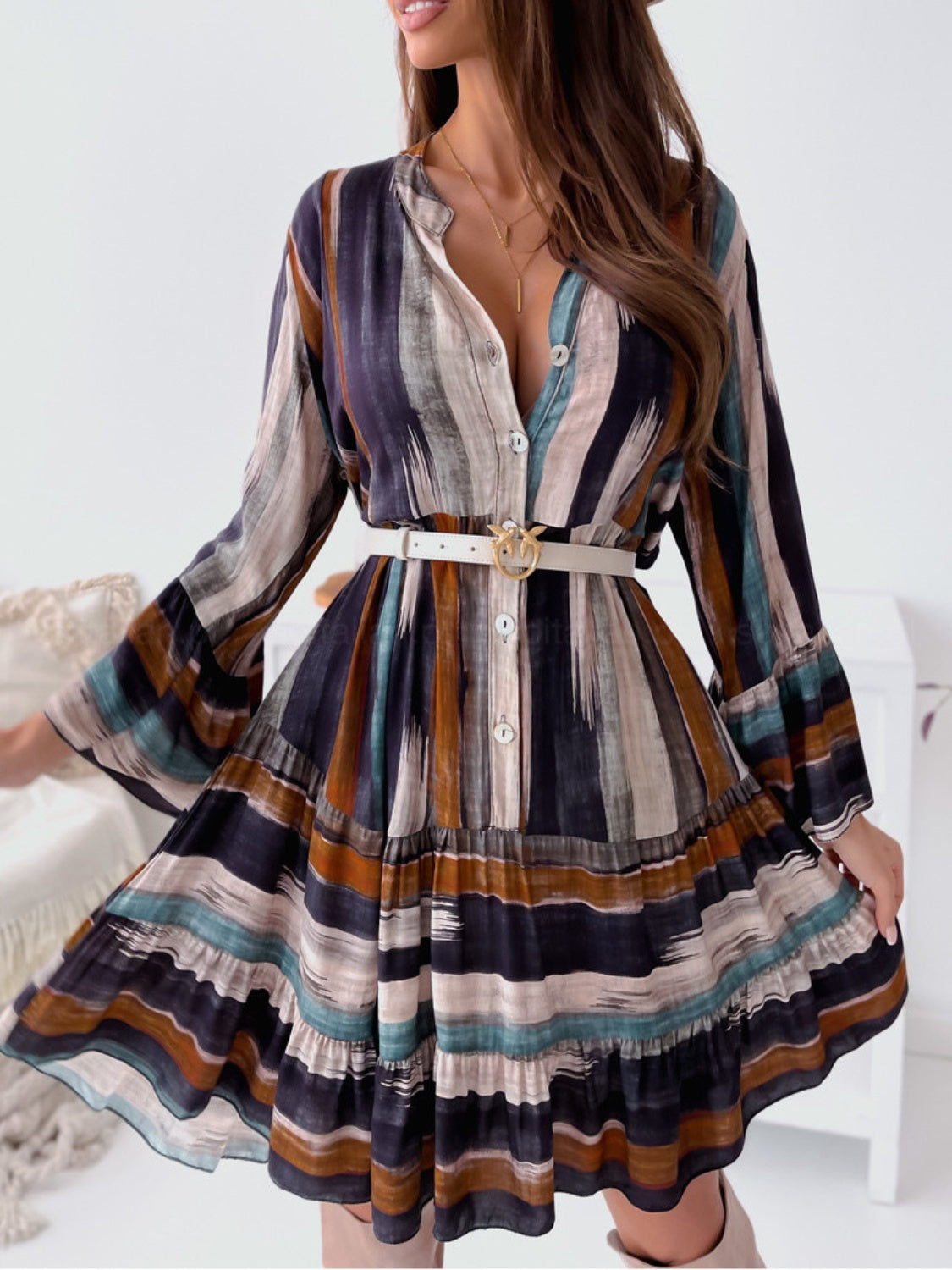 Hazel Blues® | Buttoned Striped Long Sleeve Mini Dress
