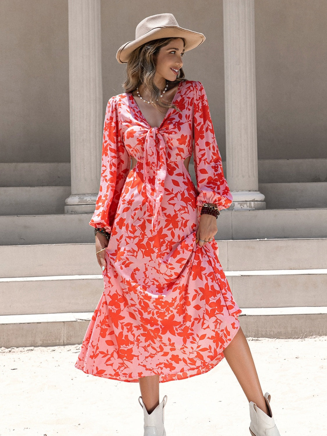 Hazel Blues® | Tied Cutout Printed Long Sleeve Midi Dress
