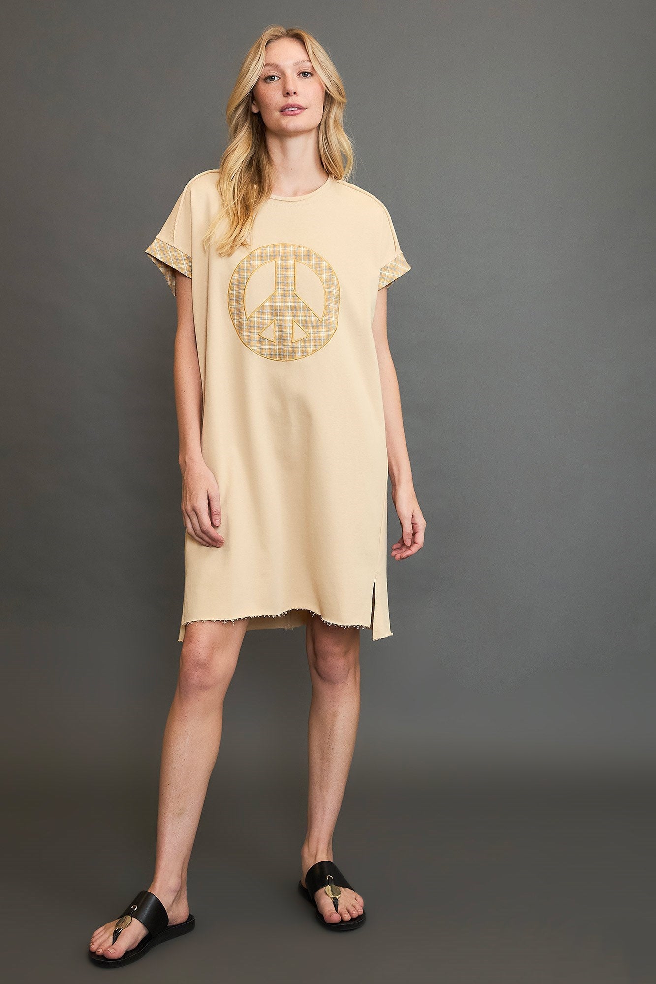 Hazel Blues® | Umgee Peace Plaid Applique Short Sleeve Mini Dress