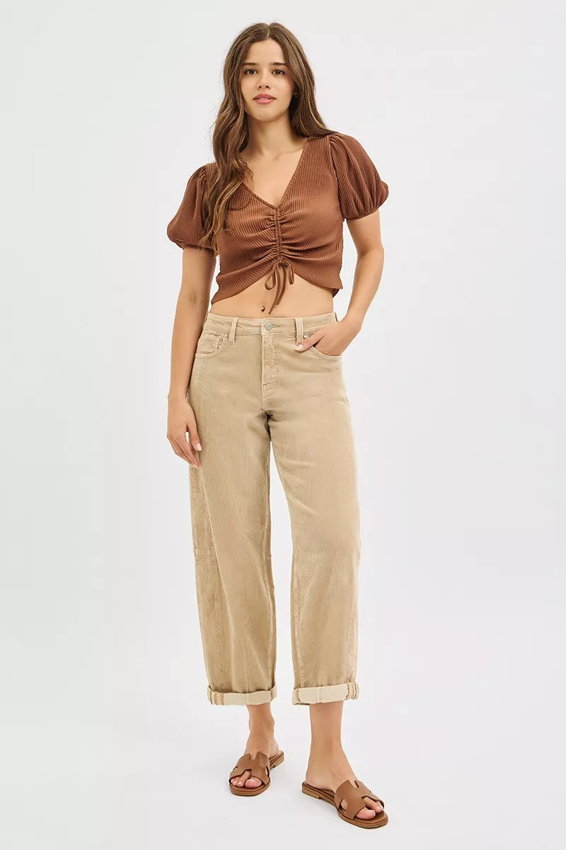 Hazel Blues® | RISEN High Rise Crop Barrel Cordurory Pants