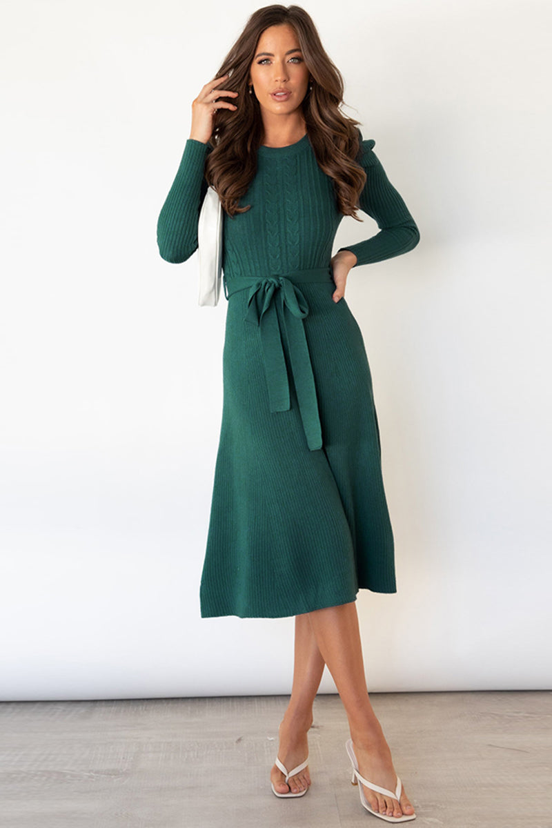 Hazel Blues® | Round Neck Long Sleeve Tie Waist Sweater Dress