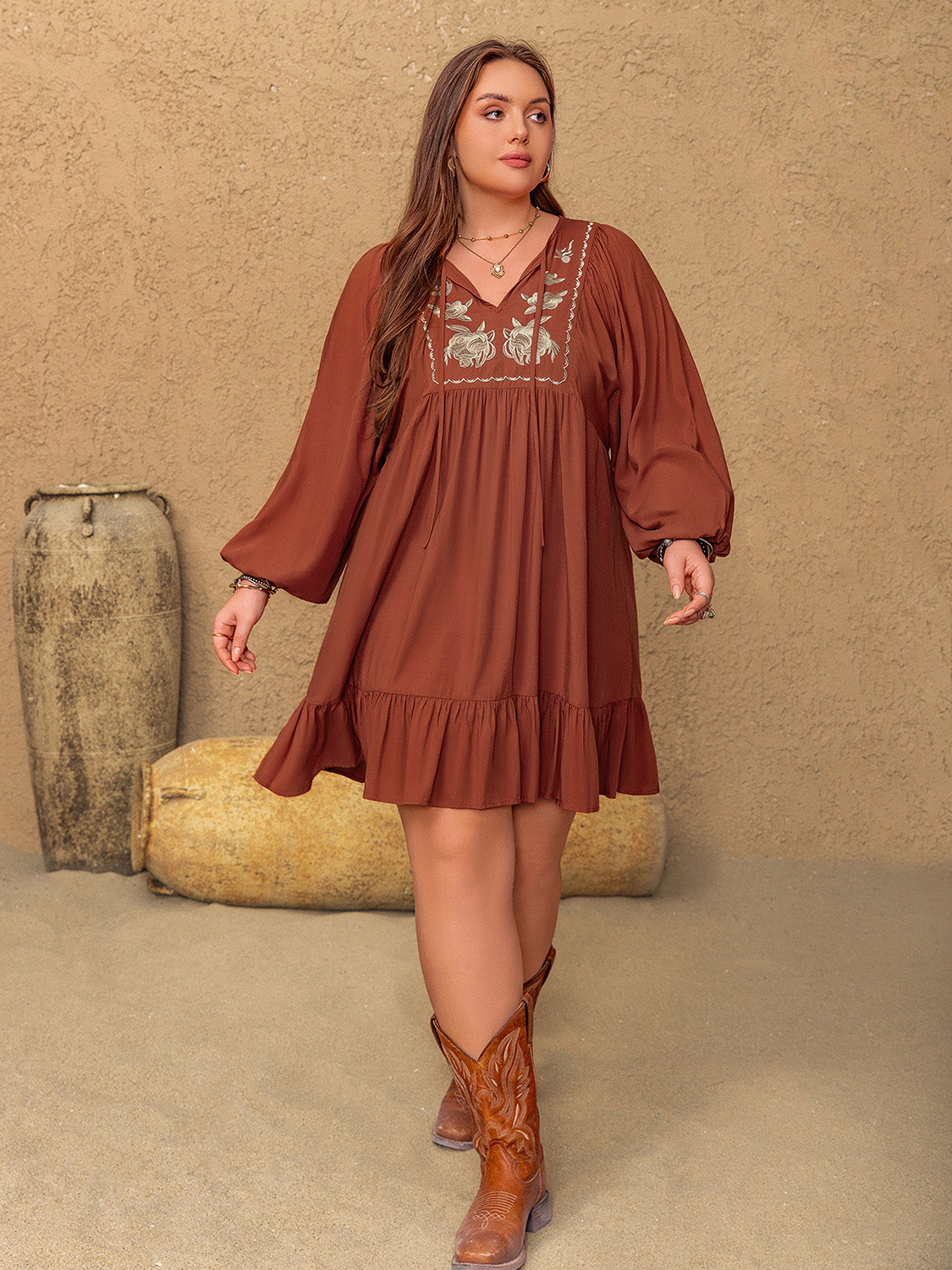 Hazel Blues® | Embroidered Tie Neck Balloon Sleeve Mini Dress
