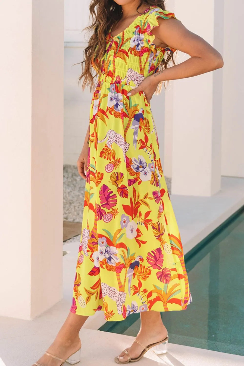 Hazel Blues® | Cheetah Plant Print Shirred Button V Neck Maxi Dress