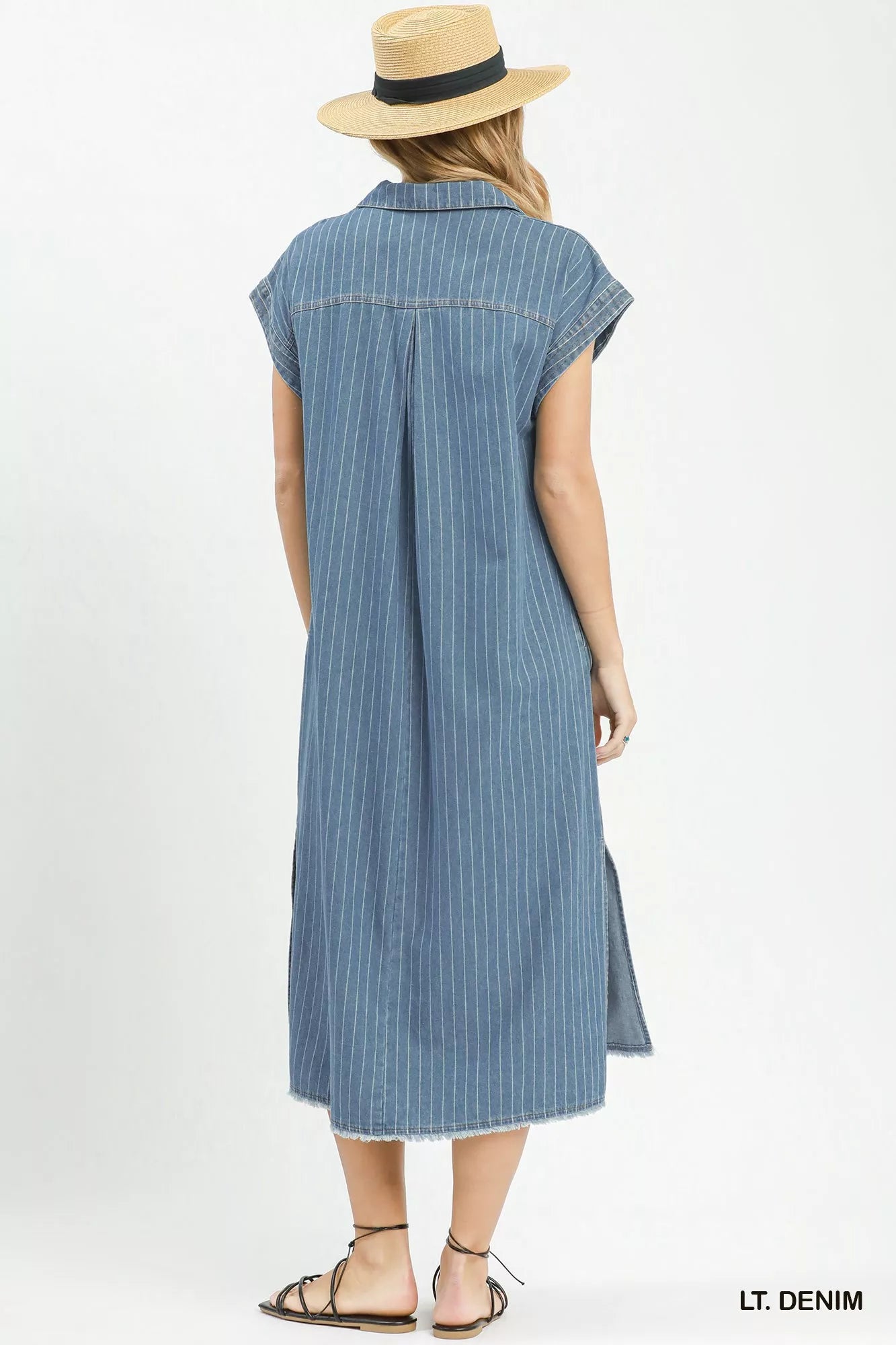 Hazel Blues® | Umgee Pinstripe Denim Collared Midi Dress with Side Slits