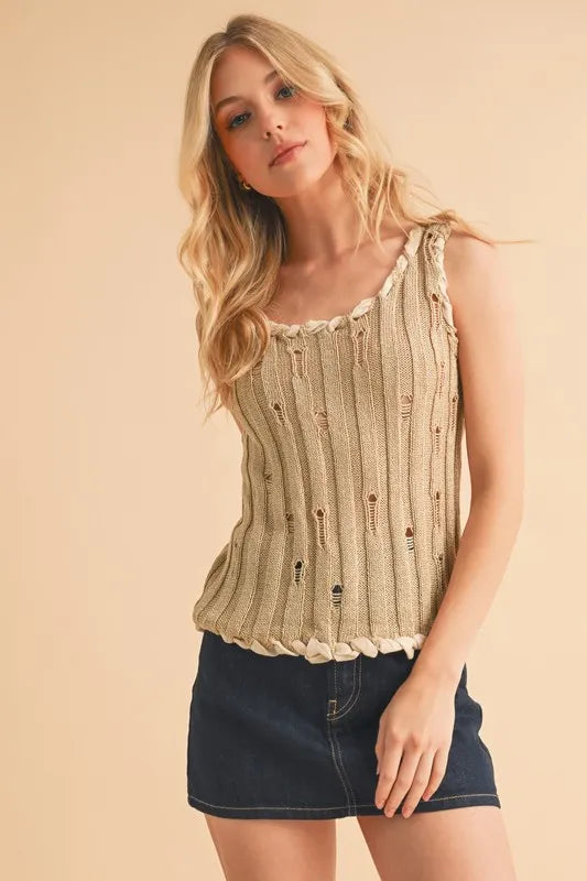 Hazel Blues® | Aemi+Co Distressed Detail Round Neck Knit Tank