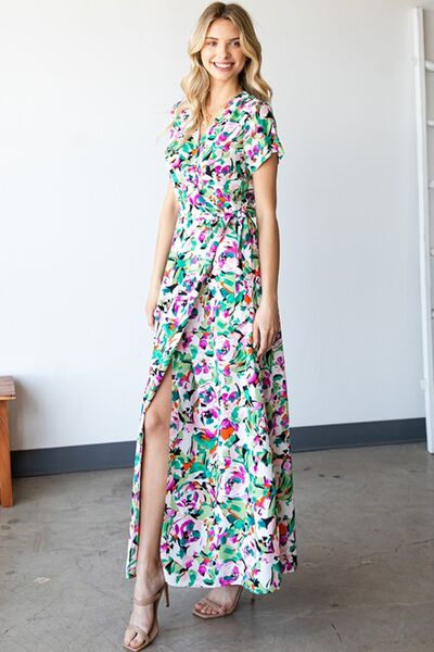 Hazel Blues® | First Love Slit Printed Surplice Tie Waist Short Sleeve Dress