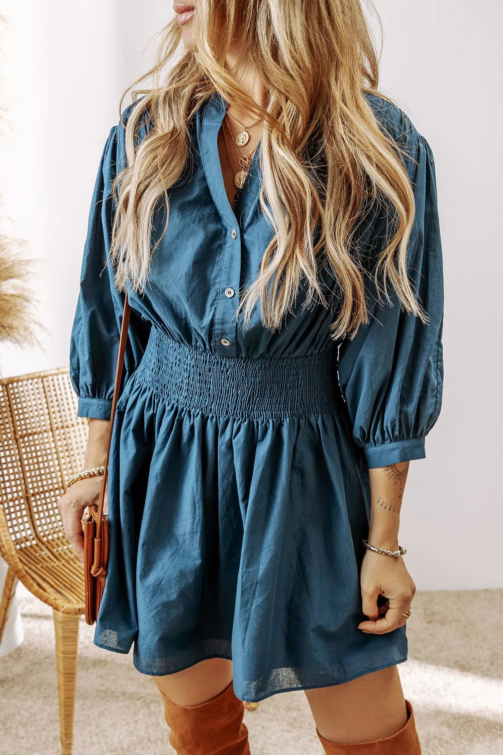Hazel Blues® | Smocked Half Button Three-Quarter Sleeve Mini Dress