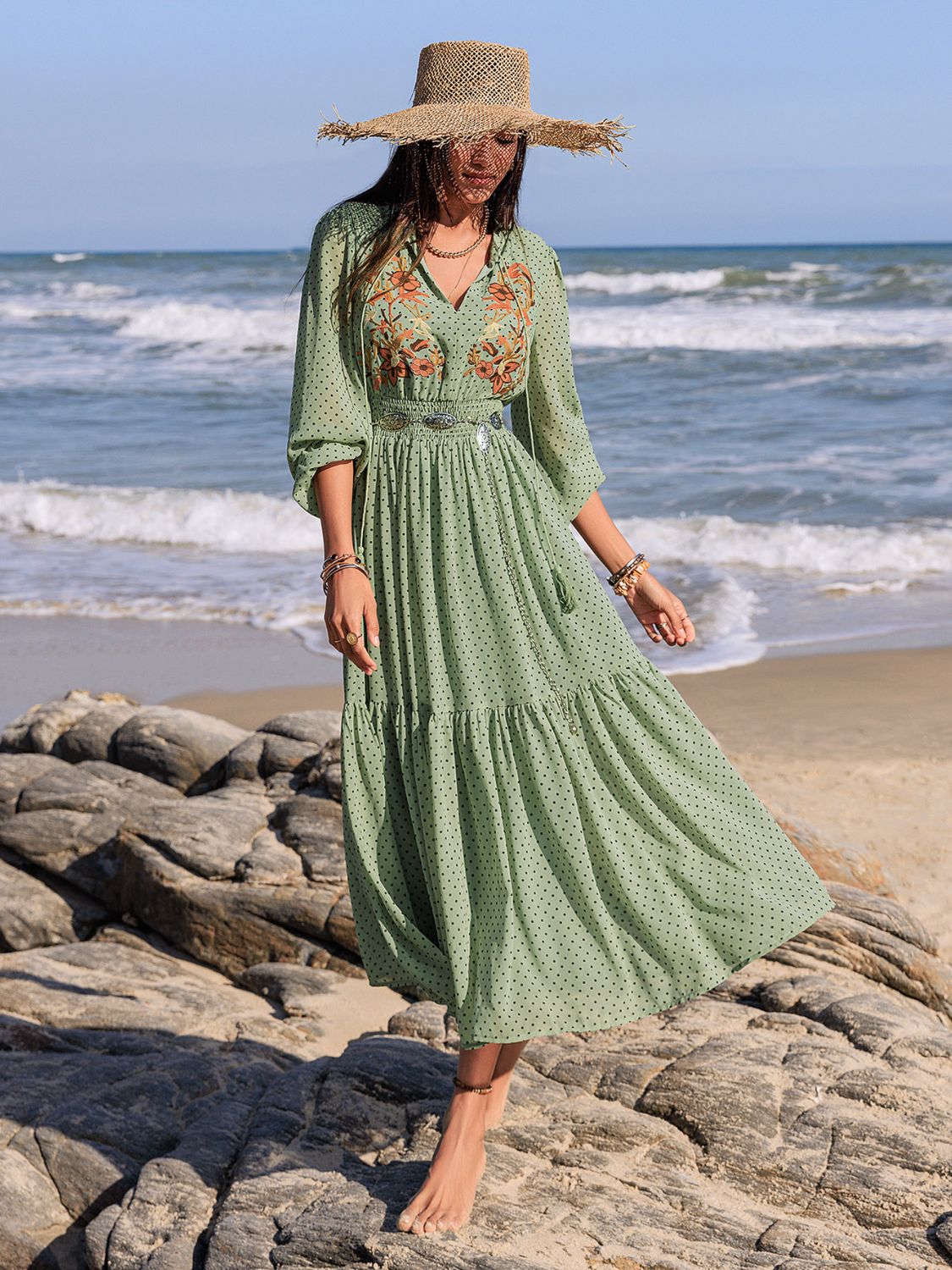 Hazel Blues® | Embroidered Polka Dot Tie Neck Long Sleeve Midi Dress