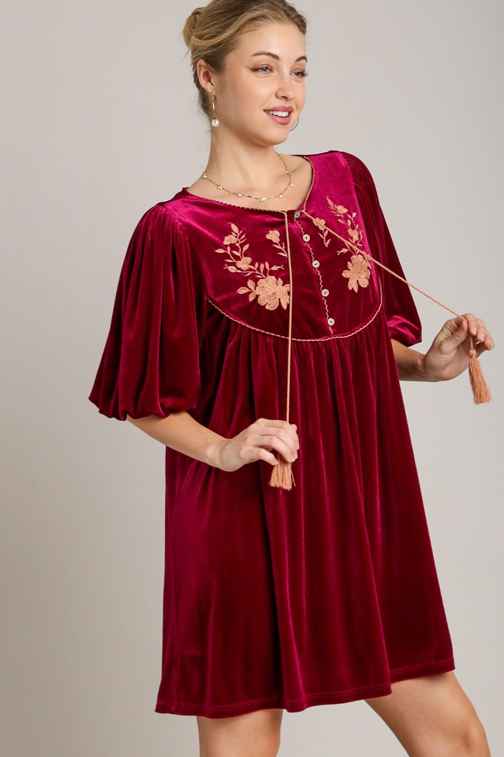 Hazel Blues® | Umgee Embroidered Half Sleeve Velvet Mini Dress with Tassel