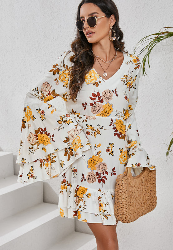 Hazel Blues® | Printed V-Neck Flare Sleeve Mini Dress