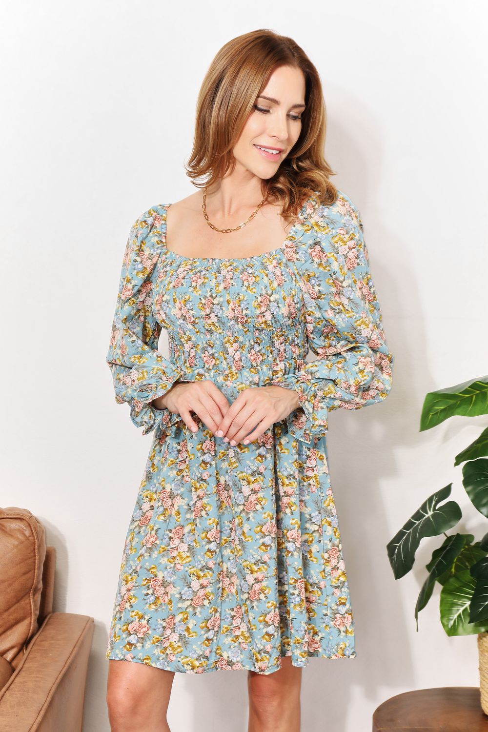 Hazel Blues® | Double Take Floral Smocked Flounce Sleeve Square Neck Dress
