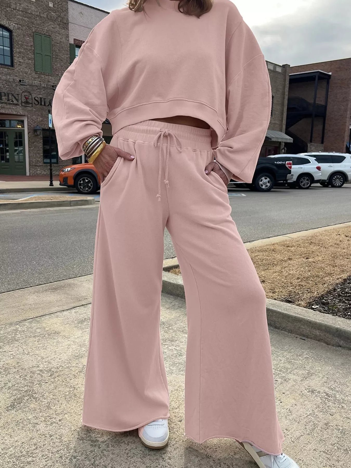 Hazel Blues® | Drop Shoulder Puff Sleeve Crop Top and Drawstring Wide Leg Pants Set