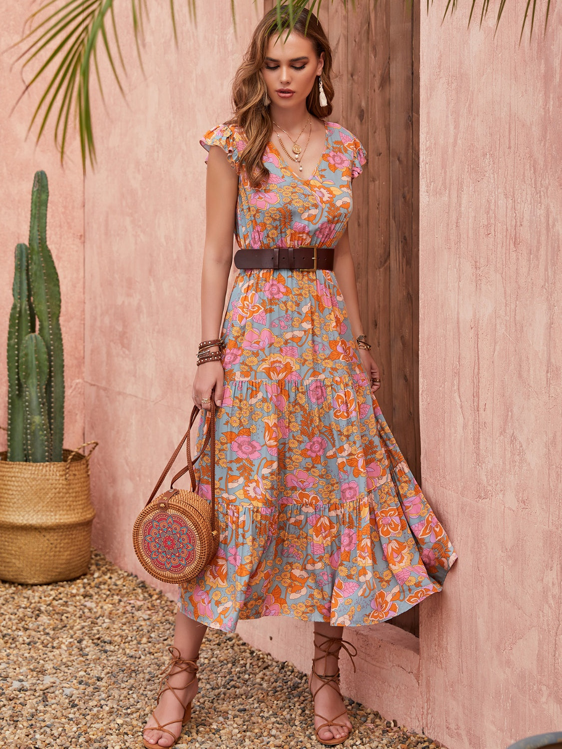 Hazel Blues® | Ruffled Printed V-Neck Cap Sleeve Tiered Dress