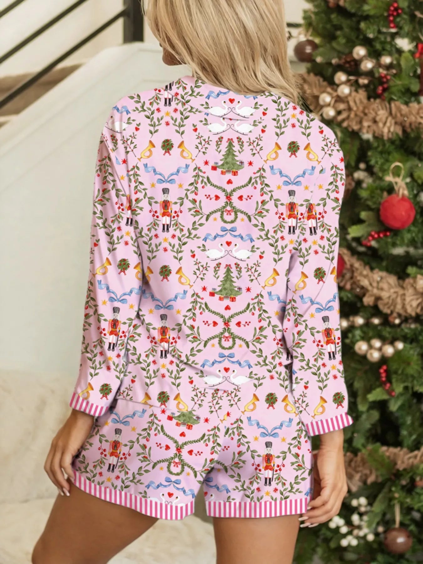 Hazel Blues® | Christmas Holiday Print Nutcracker Long Sleeve Shorts 2pcs Pajama Set