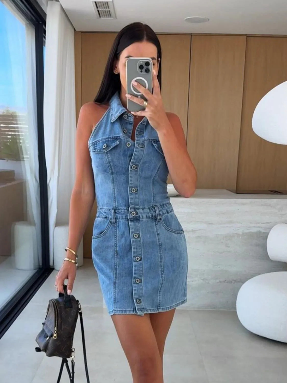 Hazel Blues® | Button Front Sleeveless Denim Mini Dress