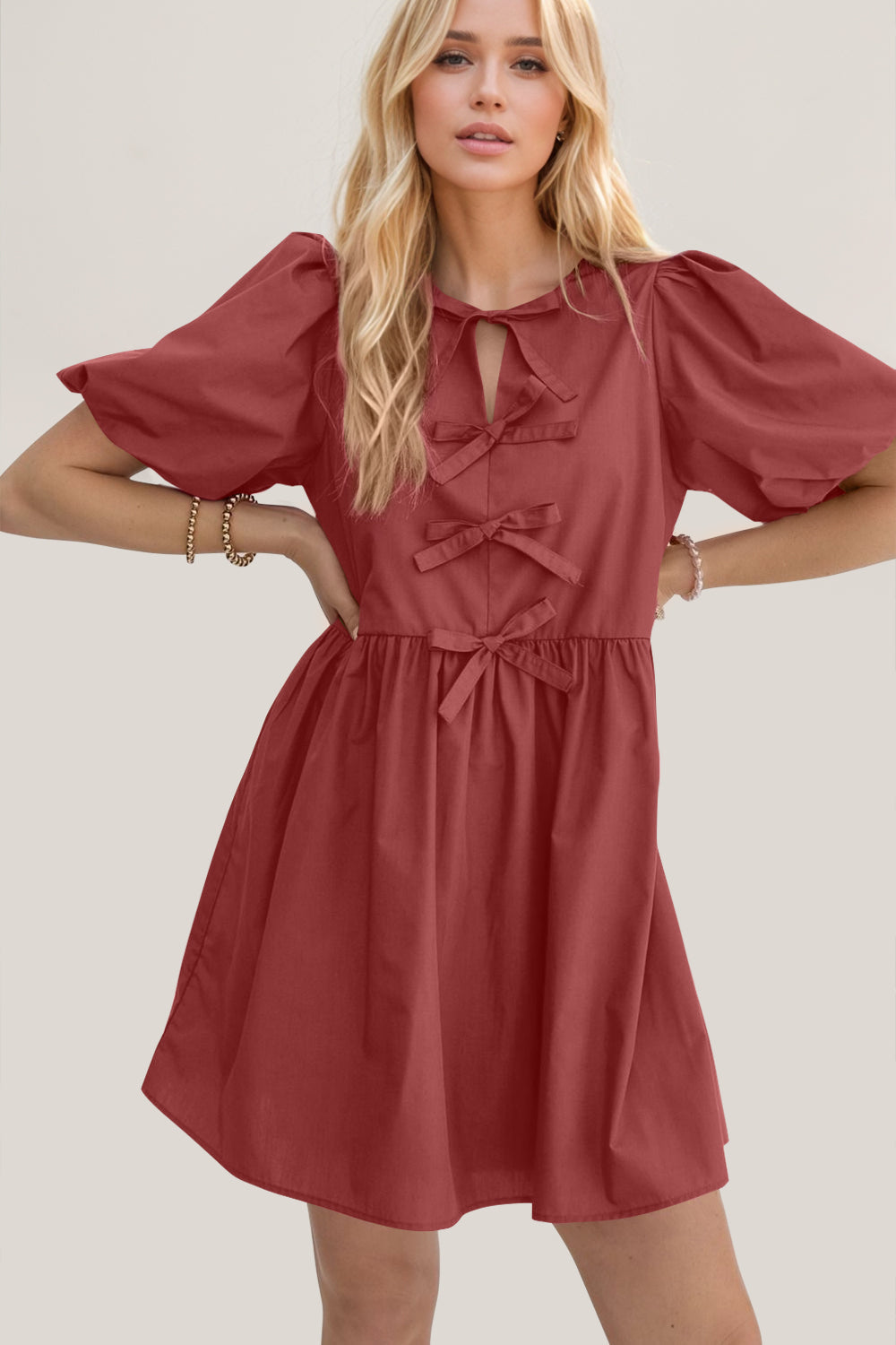 Hazel Blues® | Oh Bow Ruched Puff Sleeve Mini Dress