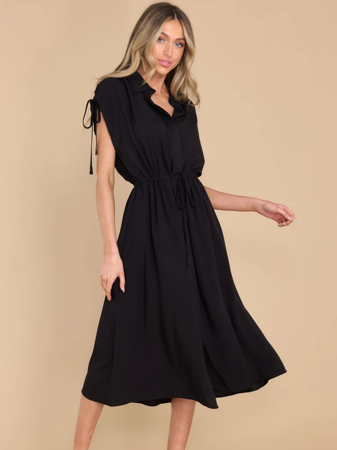 Hazel Blues® | Drawstring Collared Neck Short Sleeve Midi Dress