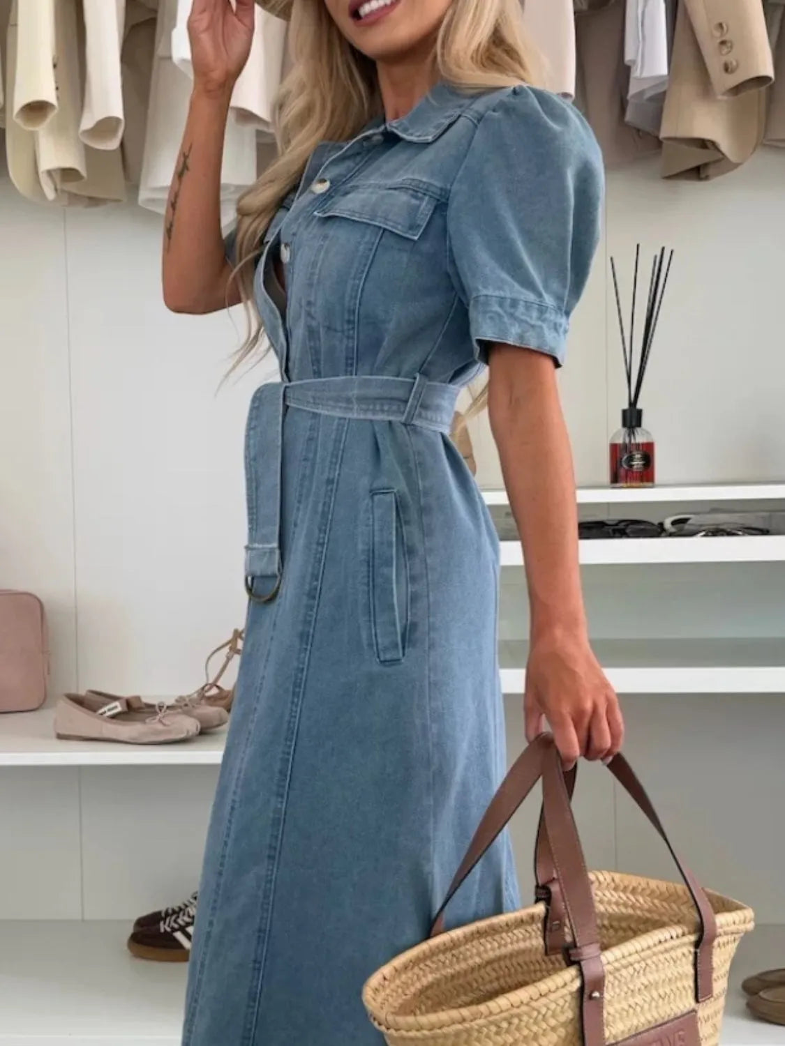 Hazel Blues® | Puff Sleeve Button Down Belted Denim Midi Dress