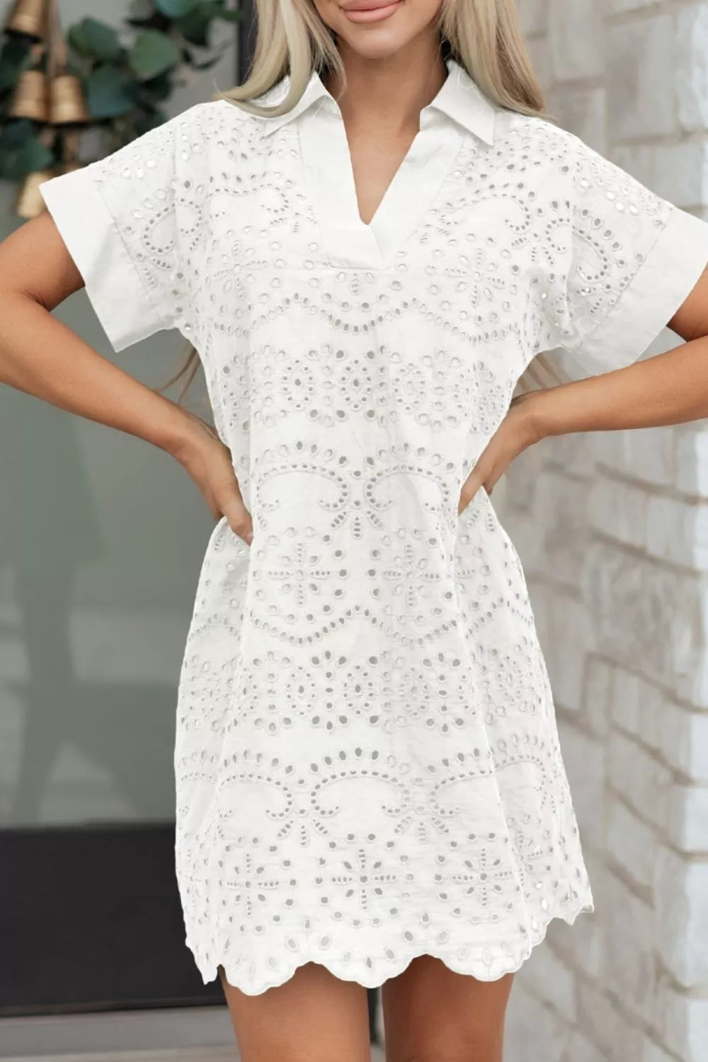 Hazel Blues® | Solid Color Eyelet Embroidered T Shirt Mini Dress