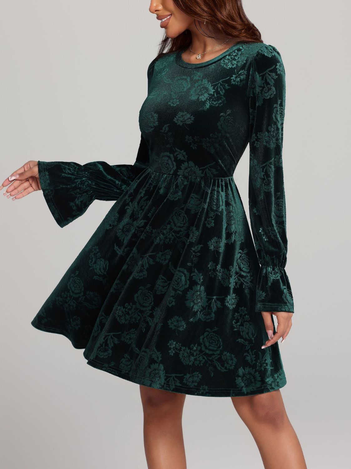 Hazel Blues® | Tied Flower Print Round Neck Flounce Sleeve Dress