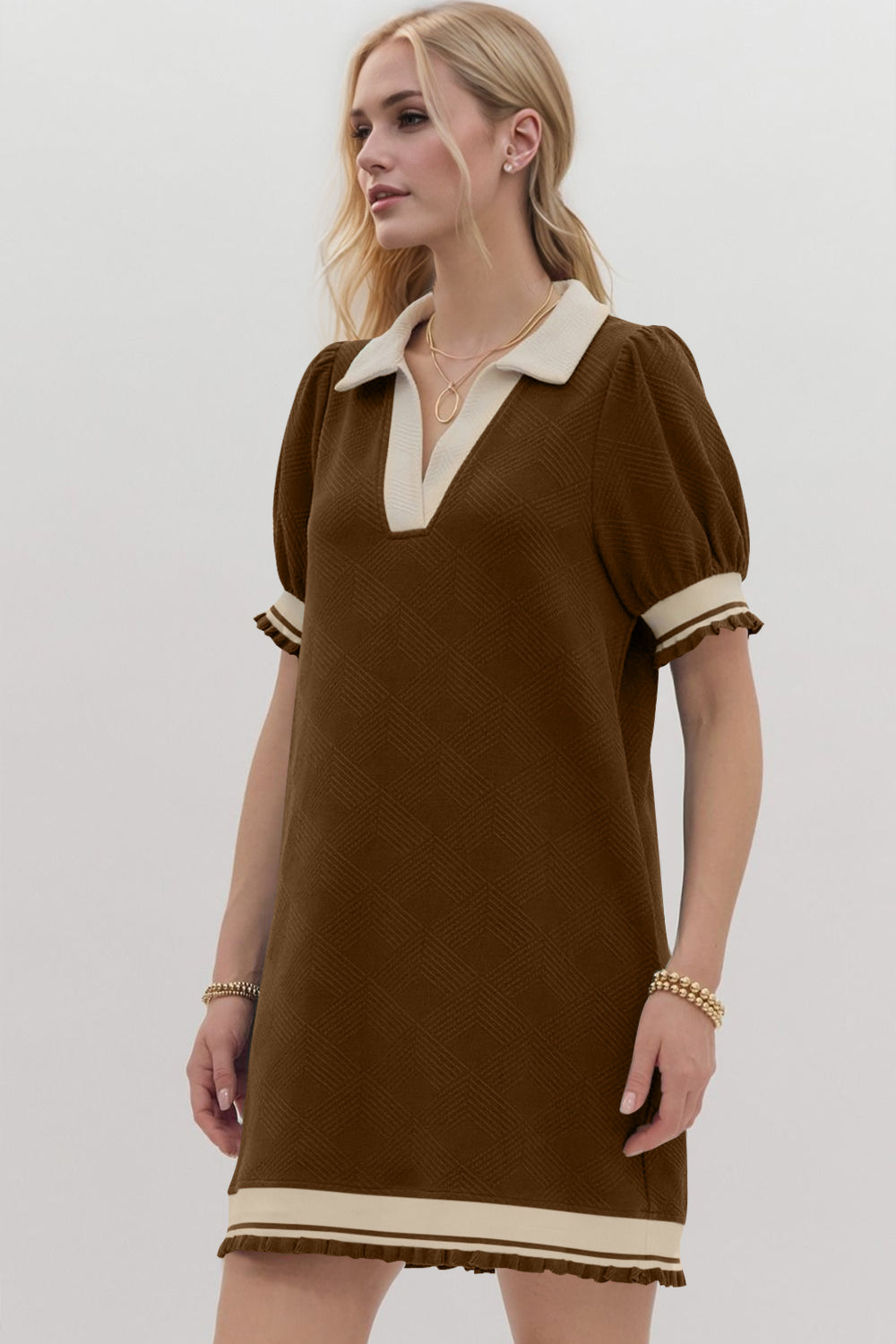 Hazel Blues® | Oh Frill Contrast Trim Johnny Collar Short Sleeve Mini Dress