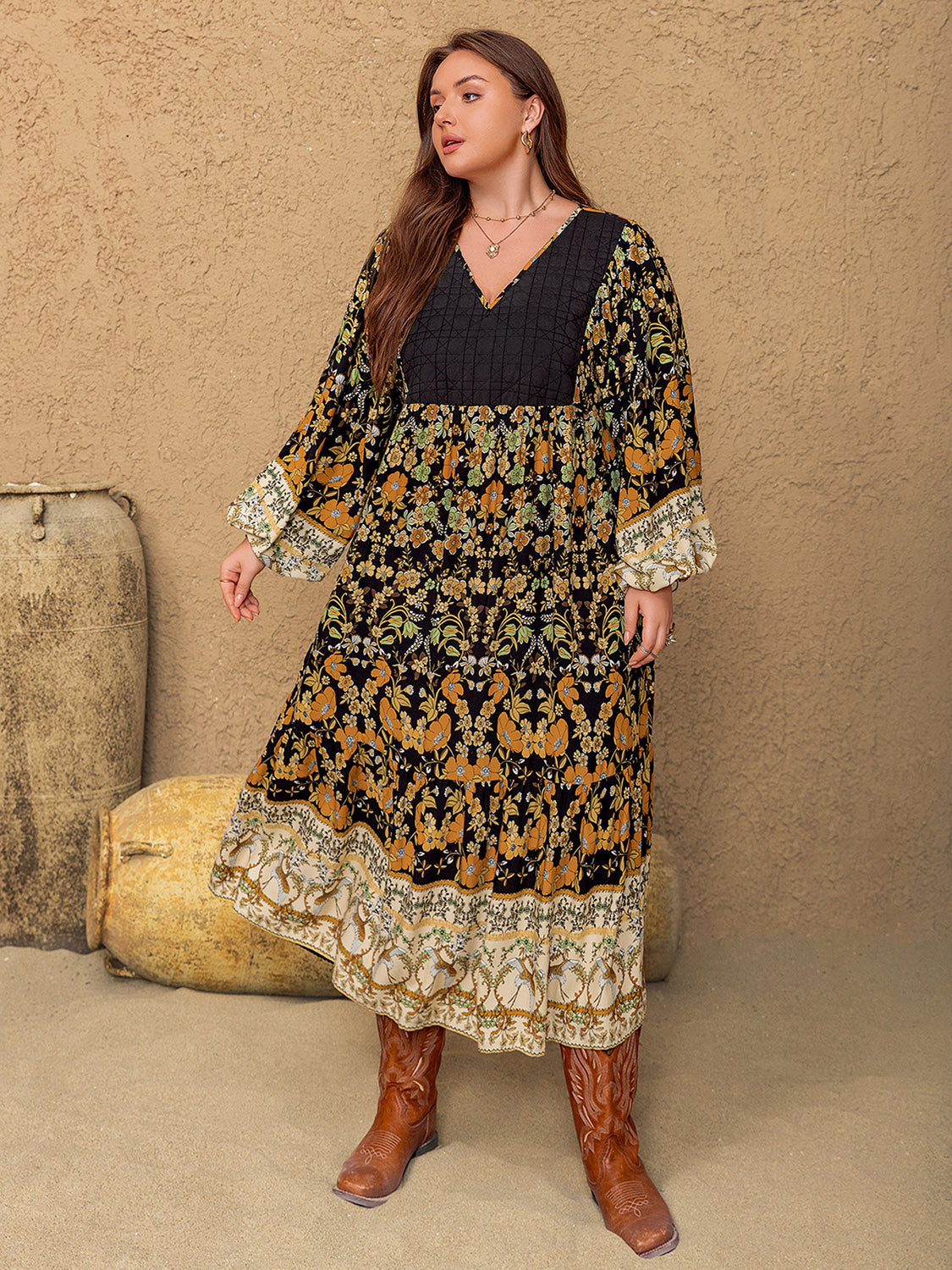 Hazel Blues® | Floral V-Neck Balloon Sleeve Midi Dress