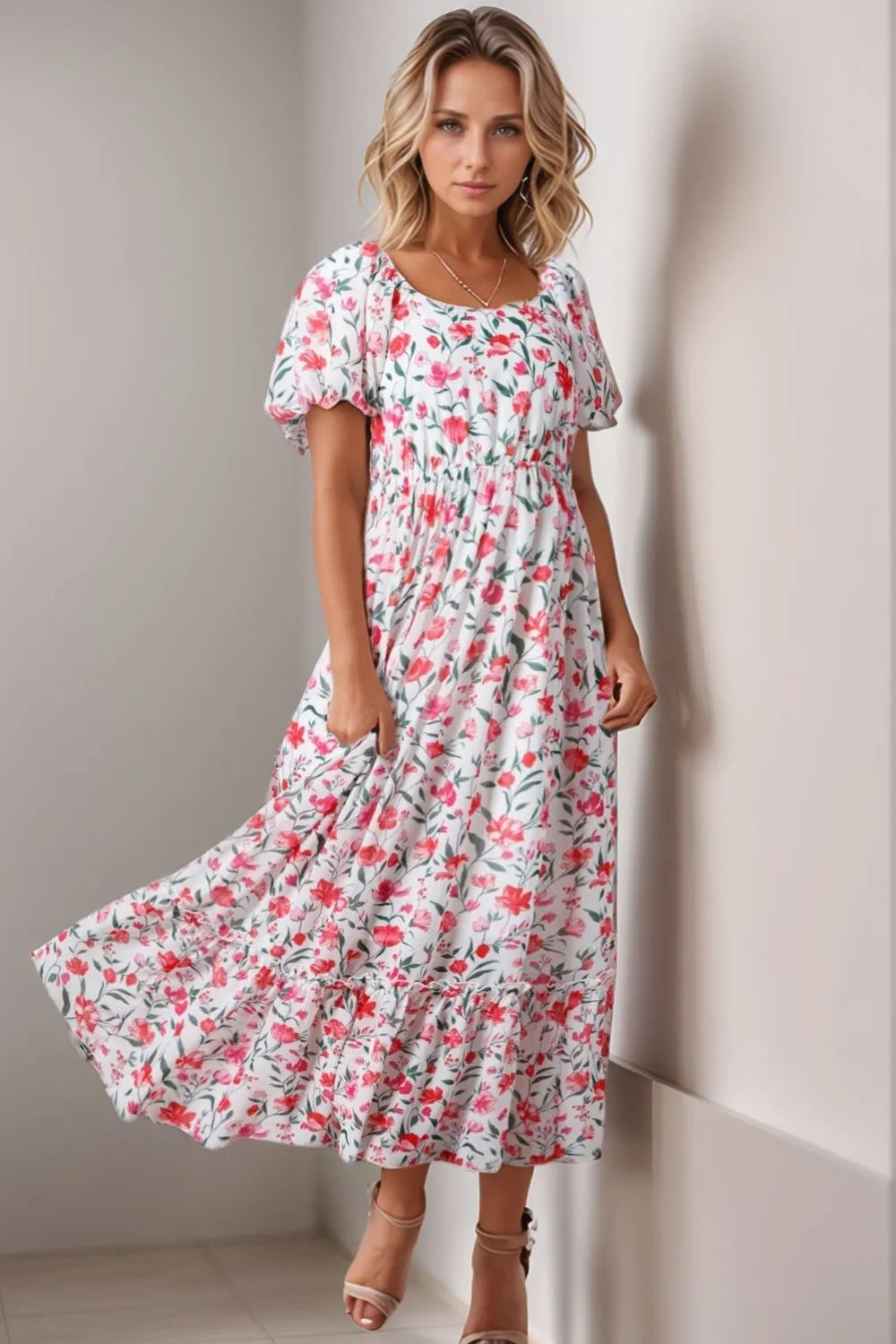 Hazel Blues® | Floral Short Puff Sleeve Tiered Dress