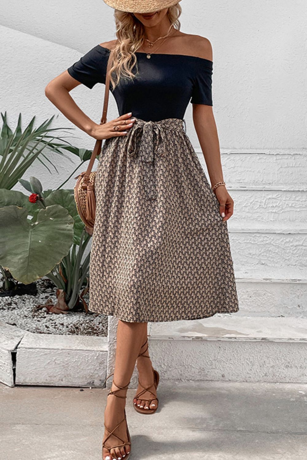 Hazel Blues® | Printed Tie Belt Off-Shoulder Dress