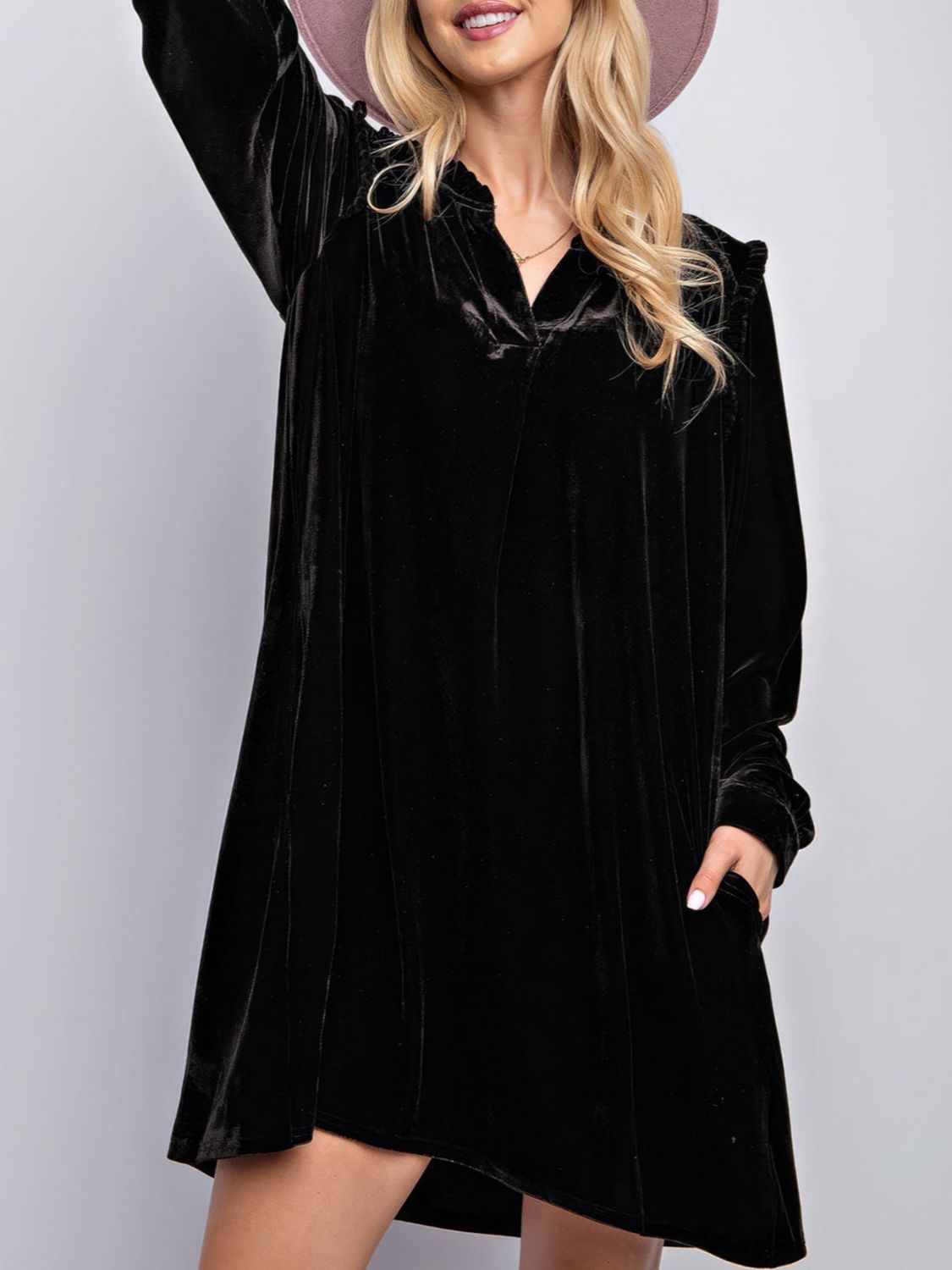 Hazel Blues® | Frill Notched Long Sleeve Dress with Pockets