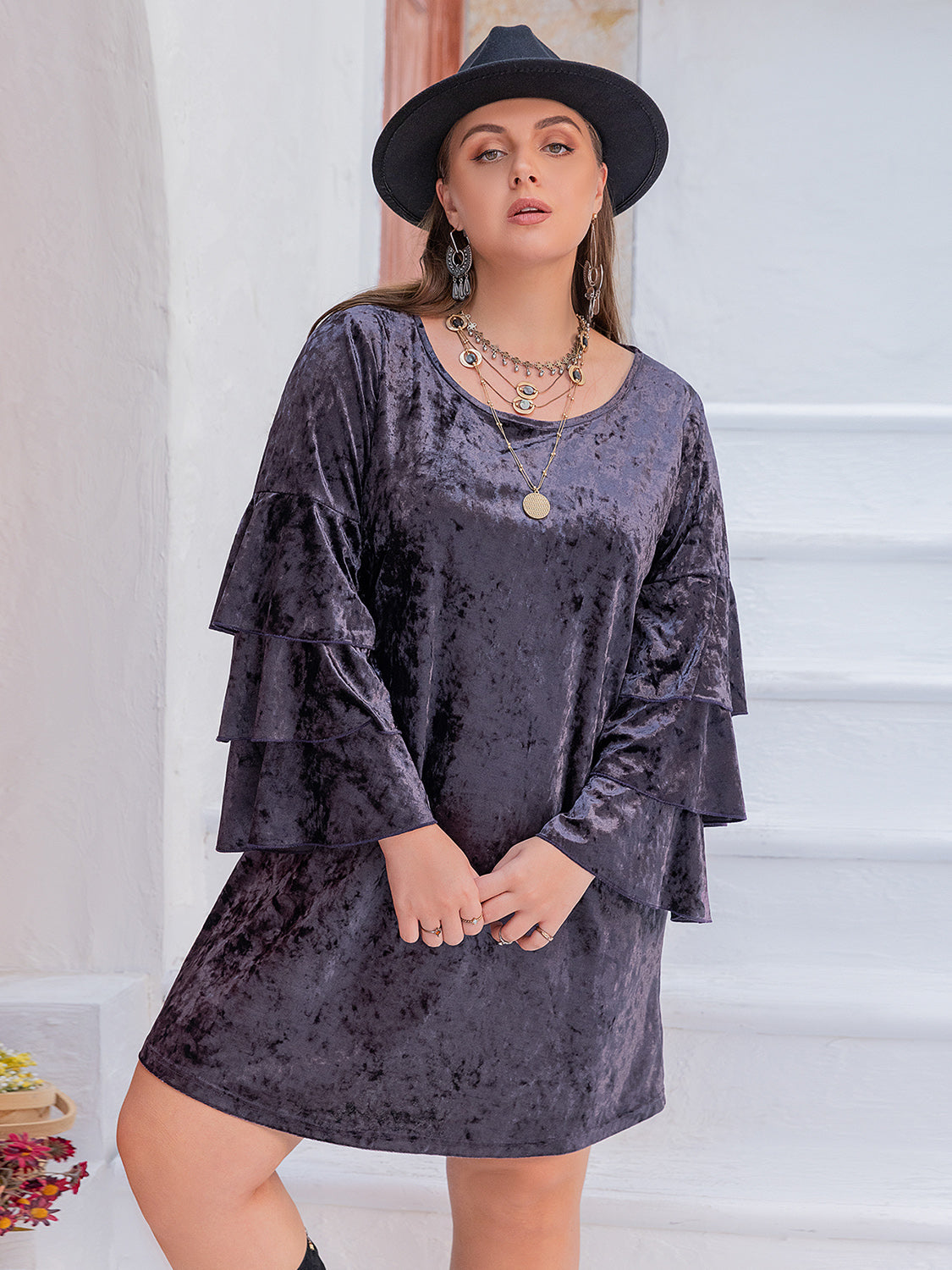 Hazel Blues® | Round Neck Flounce Sleeve Mini Dress