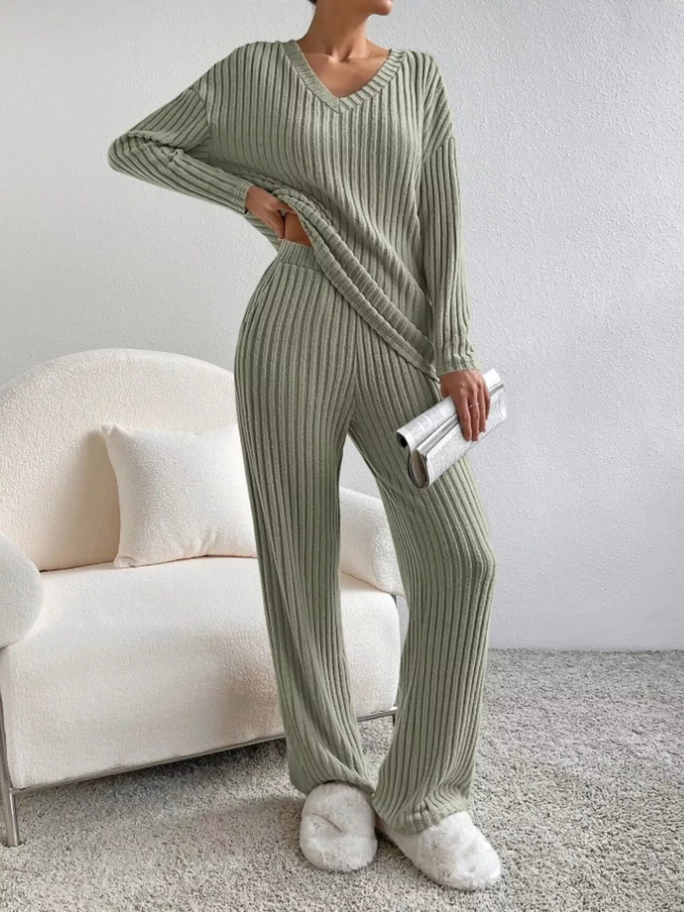 Hazel Blues® | Ribbed Knit V-Neck Top and Pants Set