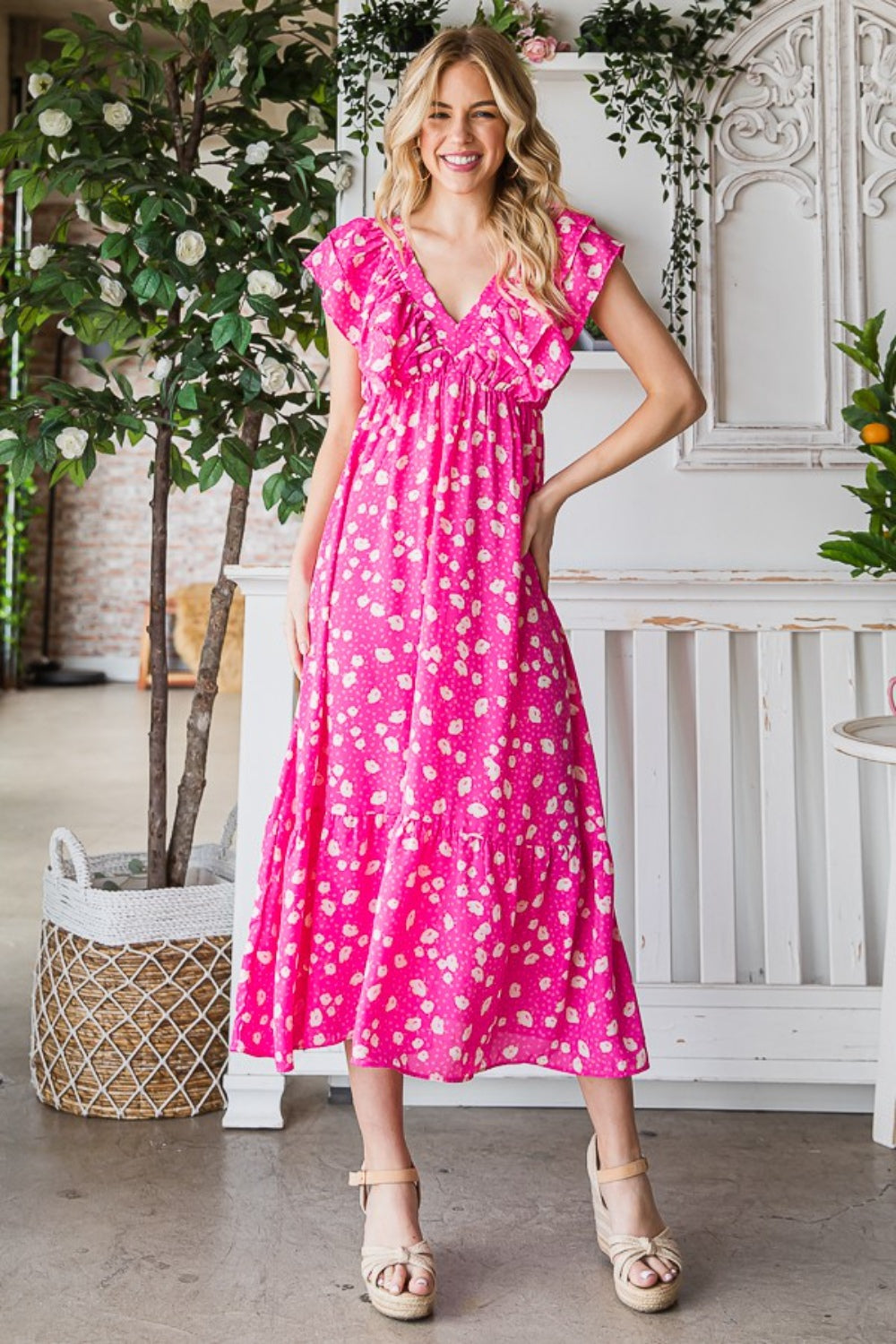 Hazel Blues® | Reborn J Printed V-Neck Ruffle Trim Tiered Midi Dress