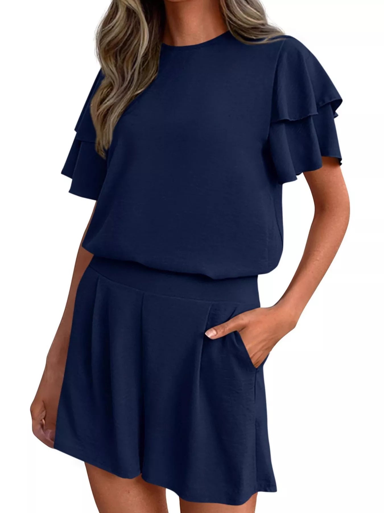 Hazel Blues® | Ruffle Sleeve Top and Shorts Two-Piece Set