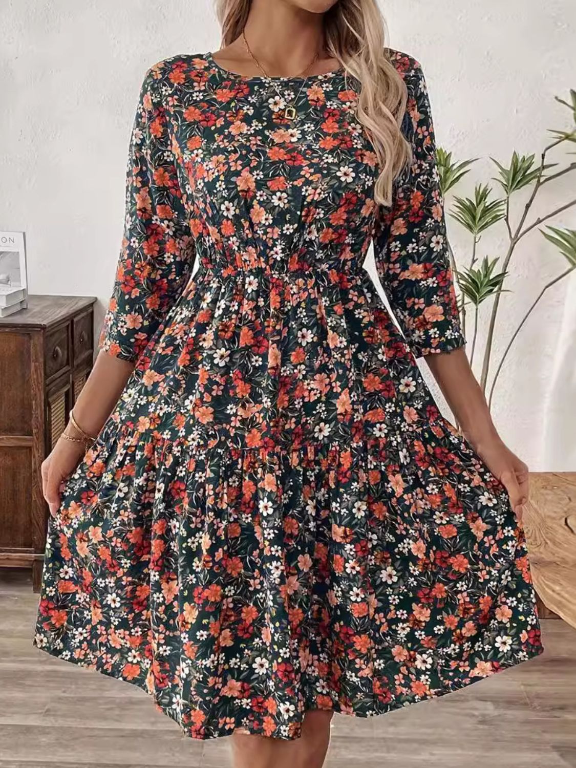 Hazel Blues® | Frill Floral Round Neck Dress