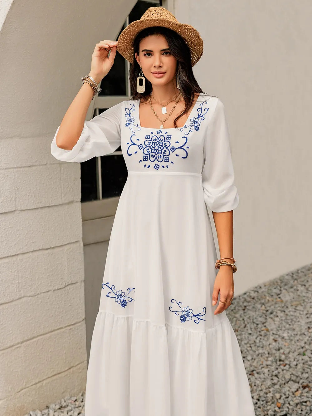 Hazel Blues® | Printed Square Neck Balloon Sleeve Dress
