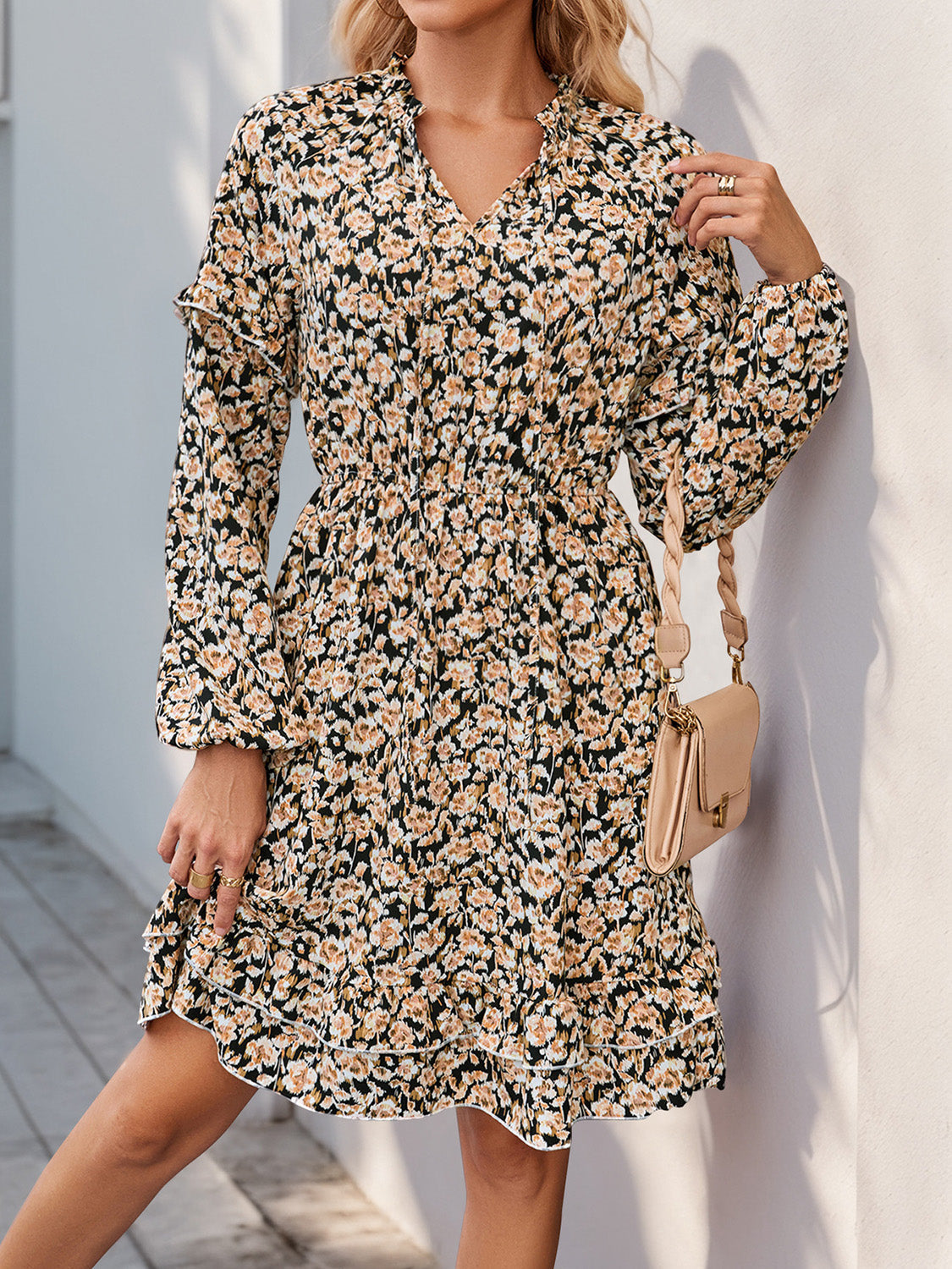 Hazel Blues® | Perfee Printed Tie Neck Long Sleeve Mini Dress