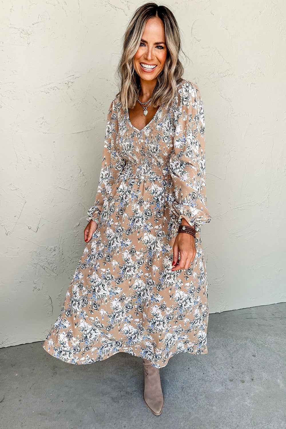 Hazel Blues® | Printed V-Neck Long Sleeve Dress