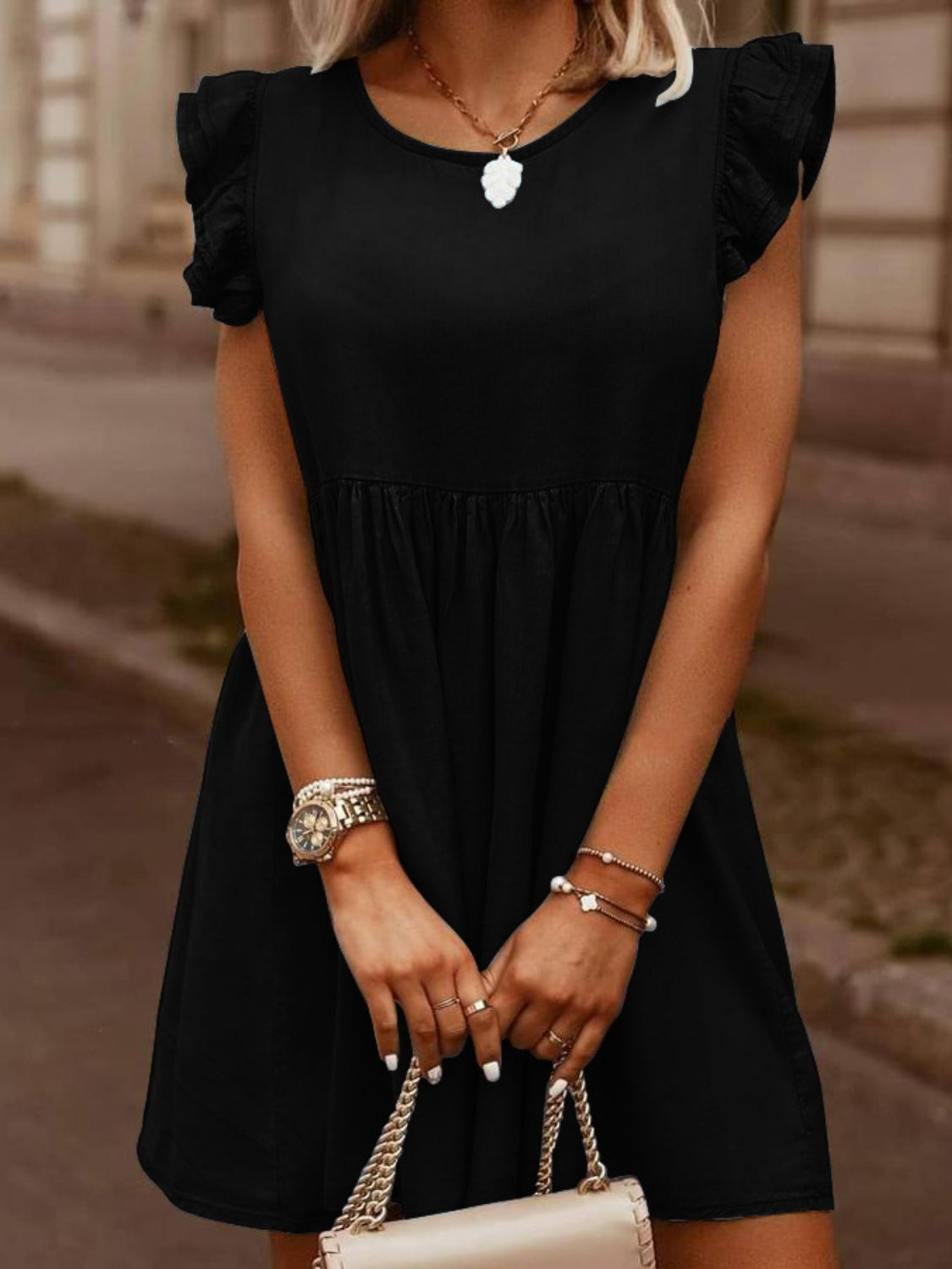Hazel Blues® | Ruffled Round Neck Cap Sleeve Denim Dress