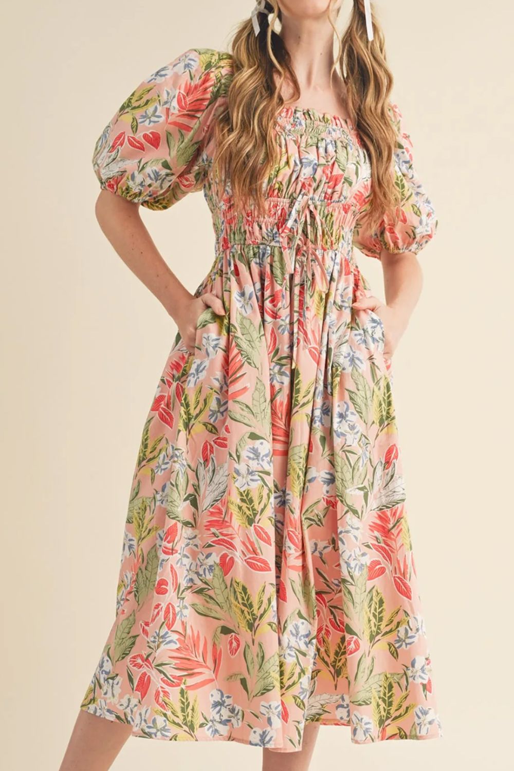 Hazel Blues® | Floral Smocked Square Neck Puff Short Sleeve Midi Dress