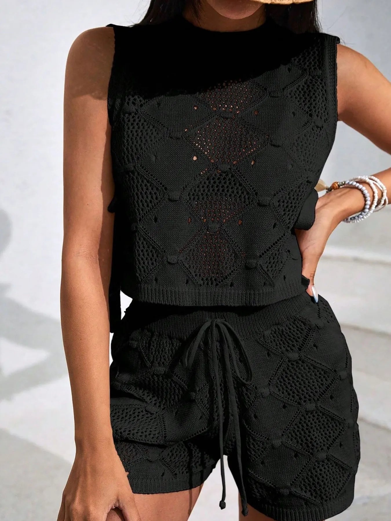 Hazel Blues® | Diamond Pattern Sleeveless Top and Shorts Knit Set