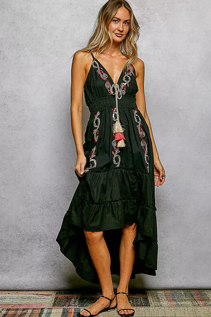 Hazel Blues® | POL Embroidered Detail Tassel Tie Smocked Waist Midi Tiered Cami Dress