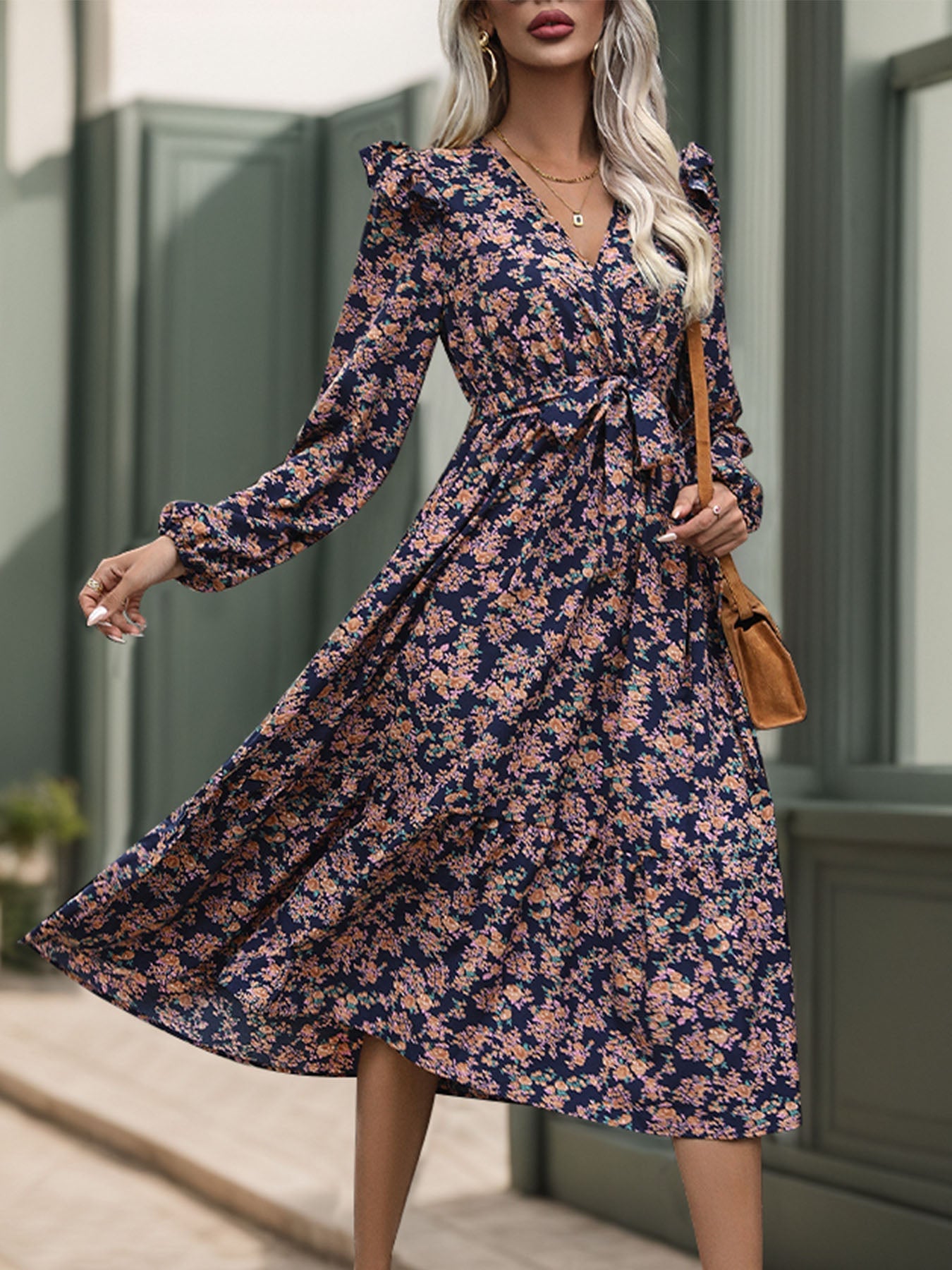 Hazel Blues® | Printed Surplice Long Sleeve Midi Dress