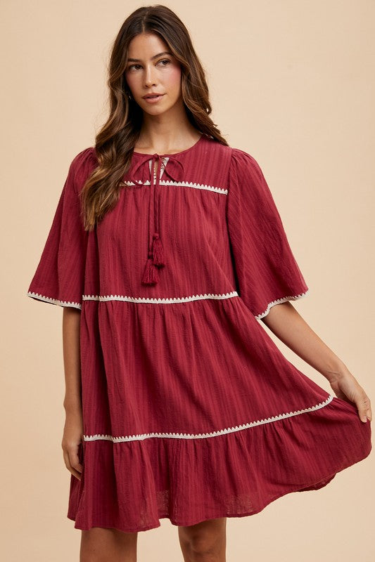Hazel Blues® | Annie Wear Tassel Contrast Trim Tie Neck Half Sleeve Tiered Dress