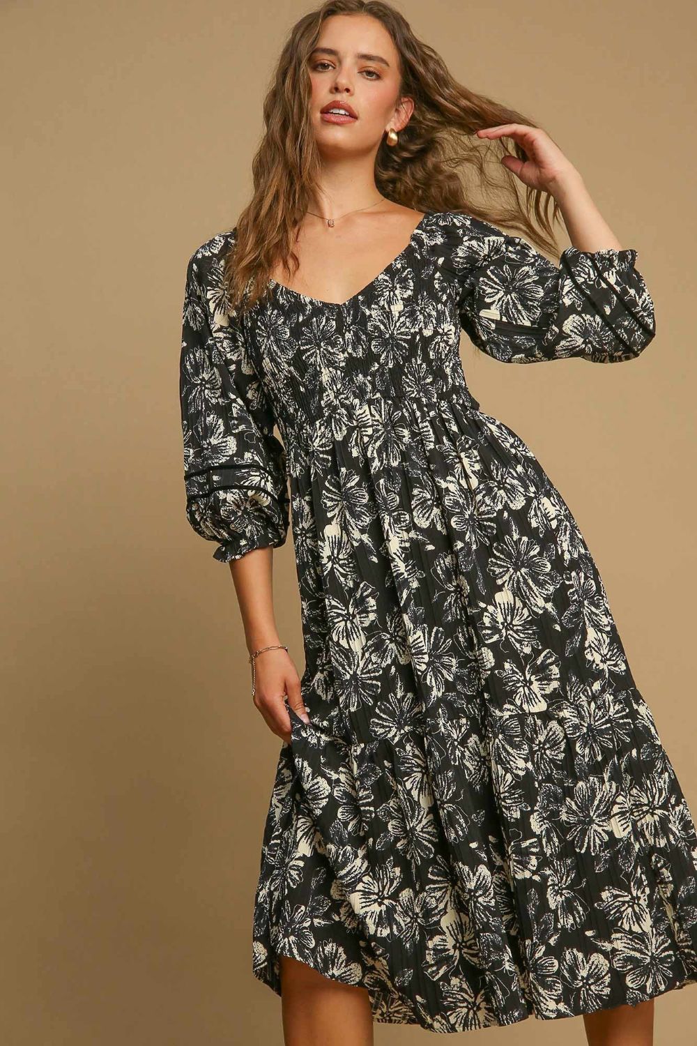 Hazel Blues® | Umgee Ruffle Hem Flower Printed V-Neck Dress