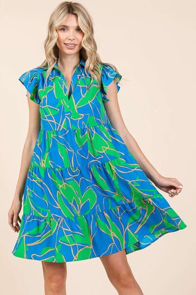 Hazel Blues® | Mittoshop Leaf Print Ruffle Sleeve Tiered Mini Dress