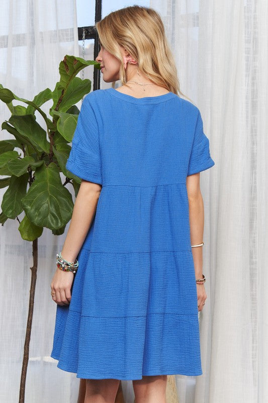 Hazel Blues® | ADORA Tiered Notched Short Sleeve Dress