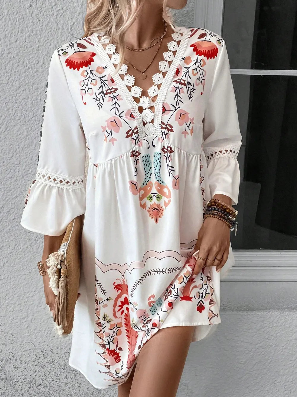 Hazel Blues® | Lace Detail Printed Three-Quarter Sleeve Dress