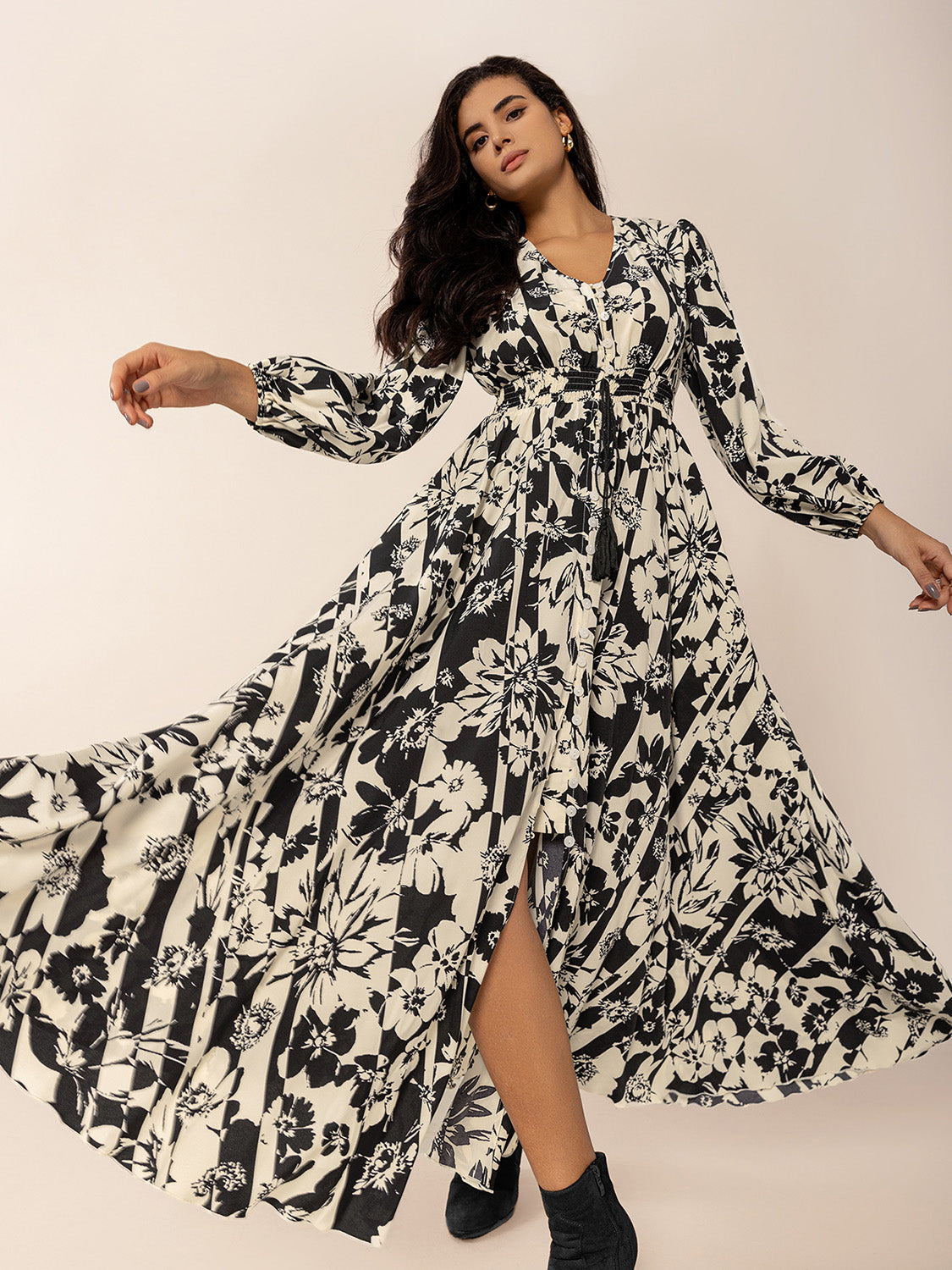 Hazel Blues® | Tied Printed V-Neck Long Sleeve Midi Dress