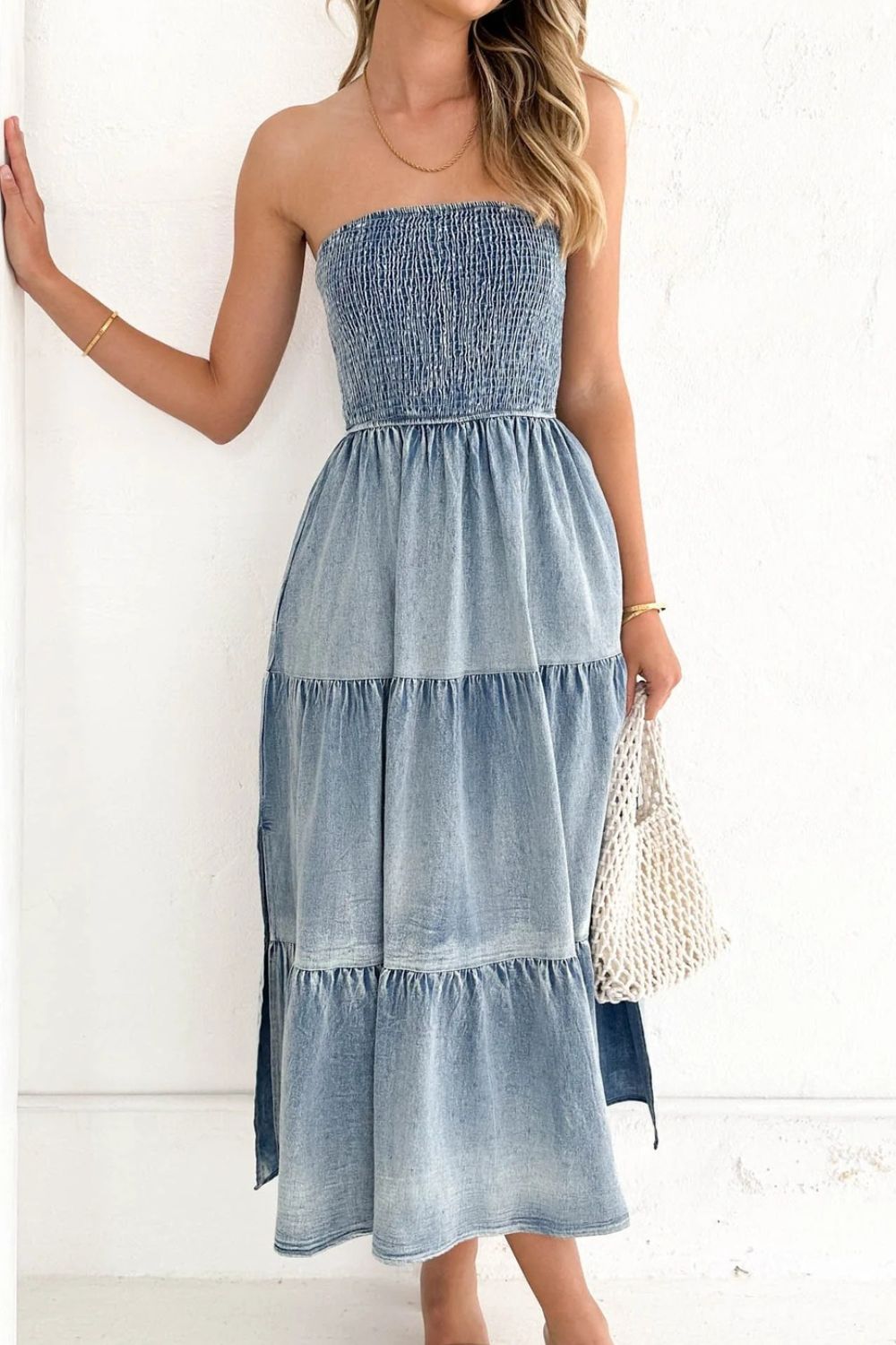 Hazel Blues® | Smocked Tube Slit Tiered Denim Dress