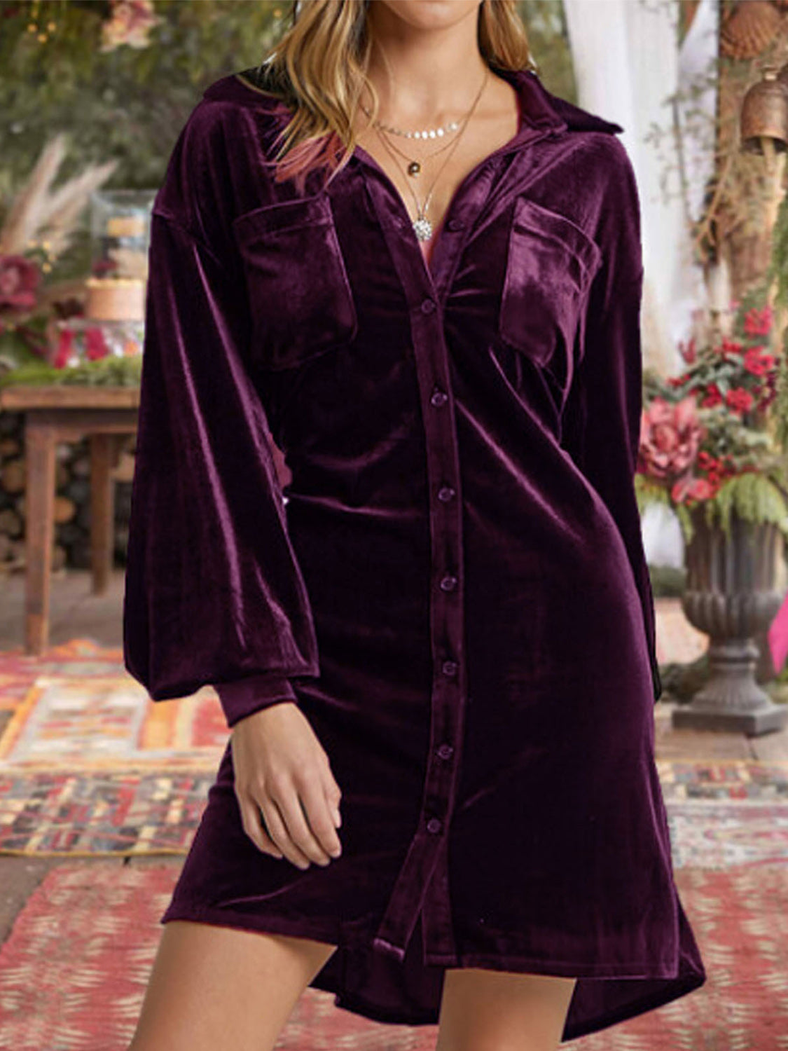Hazel Blues® | Collared Neck Button Down Long Sleeve Mini Dress
